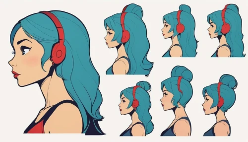 hairstyles,2d,hairpins,mermaid vectors,vector girl,headset profile,blue hair,studies,headset,character animation,vector art,semi-profile,headphones,ponytail,hime cut,vector images,hair clips,headsets,anime girl,icon set,Illustration,Children,Children 04
