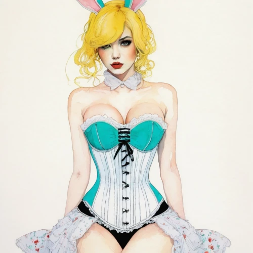 watercolor pin up,deco bunny,easter bunny,bunny,white rabbit,white bunny,fashion illustration,poker primrose,valentine pin up,pin-up girl,pinup girl,butterfly dolls,pin ups,gray hare,alice,pin up girl,pin up,rabbit ears,vocaloid,corset,Illustration,Paper based,Paper Based 19