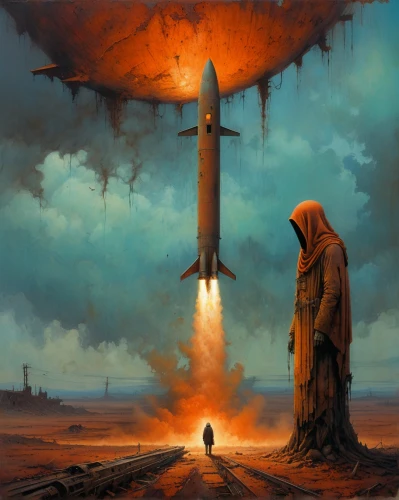 sci fiction illustration,erbore,space art,pilgrimage,pillar of fire,launch,fantasy art,corrosion,apocalypse,fantasy picture,obelisk,atomic age,red planet,nuclear weapons,scythe,post-apocalyptic landscape,science fiction,pall-bearer,mission to mars,sci fi,Conceptual Art,Oil color,Oil Color 12
