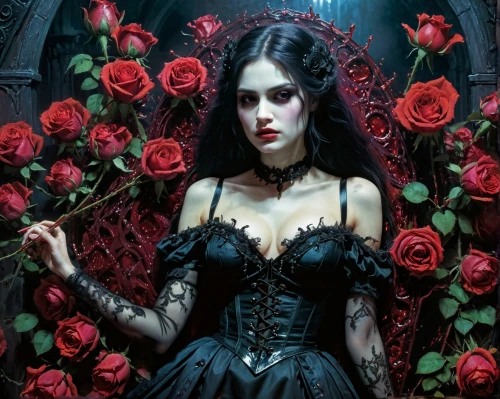 gothic portrait,black rose,with roses,gothic woman,red roses,gothic fashion,rosa,roses,noble roses,way of the roses,vanitas,red rose,gothic dress,scent of roses,rosebushes,the sleeping rose,rosa ' amber cover,porcelain rose,vampire woman,vampire lady