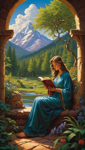 church painting,woman praying,woman at the well,fantasy picture,praying woman,bible pics,the annunciation,prayer book,mountain scene,idyll,girl praying,landscape background,the prophet mary,the spirit of the mountains,yogananda,girl studying,jrr tolkien,hymn book,little girl reading,scholar,Illustration,American Style,American Style 01