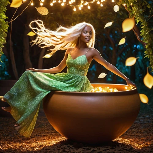 celtic woman,rapunzel,faery,golden pot,faerie,tangled,cauldron,dryad,magical pot,cinderella,the enchantress,fairy queen,fae,fantasy picture,green mermaid scale,elven,pixie,digital compositing,enchanted,fairy,Photography,General,Realistic