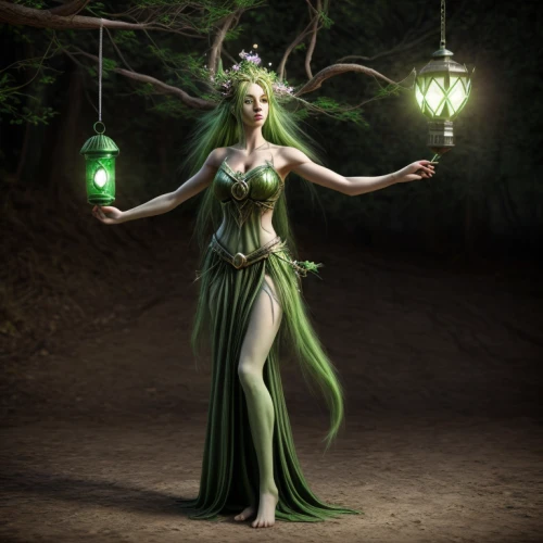 dryad,the enchantress,faerie,faery,sorceress,elven,fairy queen,elven forest,druid,elven flower,anahata,green tree,celtic queen,rosa 'the fairy,green aurora,fae,tilia,celtic woman,fantasy picture,fairy lanterns