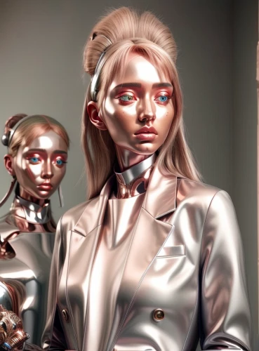metallic feel,chrome steel,metallic,chrome,mannequins,humanoid,fashion dolls,silver,designer dolls,doll looking in mirror,artist's mannequin,aluminum,silvery,manikin,doll's facial features,cybernetics,futuristic,silver lacquer,cyborg,shiny metal