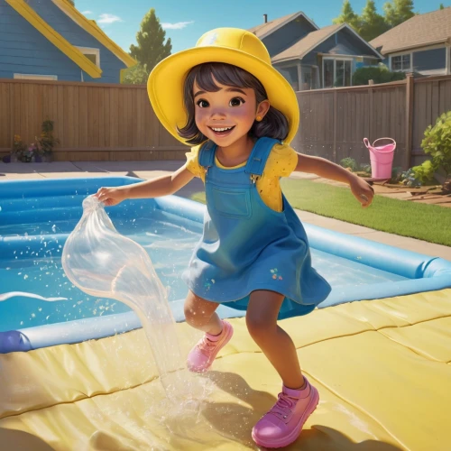 inflatable pool,water fight,water hose,jumping into the pool,pool cleaning,garden hose,water balloons,cute cartoon character,agnes,digital compositing,swimming pool,water balloon,splashing,pool water,sun hat,dug-out pool,lilo,summer hat,disney character,sprinkler,Illustration,Abstract Fantasy,Abstract Fantasy 04
