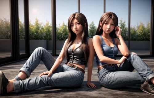 two girls,croft,playstation 3,anime 3d,3d rendered,anime japanese clothing,3d rendering,mirroring,beautiful girls with katana,playstation 3 accessory,digital compositing,jeans background,mirror image,duo,lotus position,playstation 2,elphi,image manipulation,models,graphics