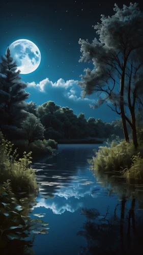 moonlit night,landscape background,moonlit,evening lake,blue moon,the night of kupala,night scene,fantasy landscape,moonlight,lunar landscape,fantasy picture,world digital painting,moon night,river landscape,tranquility,calm water,nightscape,moon at night,moon and star background,full moon,Photography,General,Fantasy