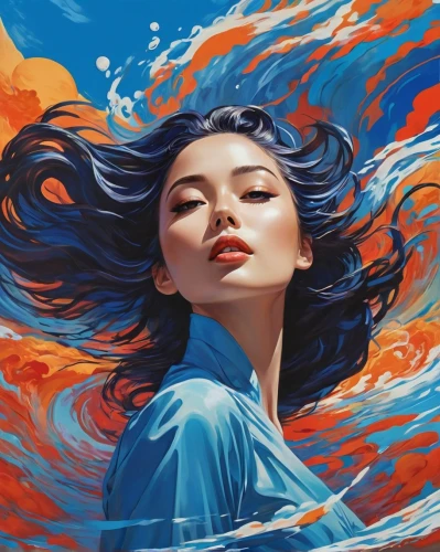 mulan,japanese waves,siren,the wind from the sea,world digital painting,wind wave,blue painting,rosa ' amber cover,japanese wave,vietnamese woman,digital painting,asian woman,flowing,asian vision,tidal wave,flowing water,water lotus,fluid,koi,geisha,Illustration,Vector,Vector 07
