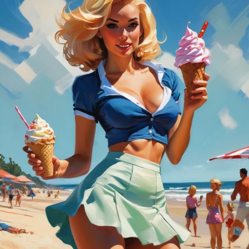 woman with ice-cream,retro pin up girls,retro pin up girl,pin-up girls,pin-up girl,milkshake,soft serve ice creams,pin up girl,ice creams,sundae,ice cream cone,pin up girls,retro girl,ice-cream,50's style,ice cream,pin up,pin-up,pinup girl,summer background,Conceptual Art,Oil color,Oil Color 04