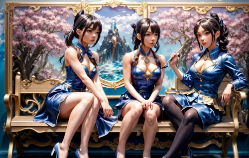 the three graces,perfume,the three magi,blue birds and blossom,amano,three flowers,chinese art,3d fantasy,four seasons,trio,jasmine blue,fairies,blue enchantress,triplet lily,zodiac sign gemini,gemini,water lotus,perfume bottle,japanese art,zodiac sign libra