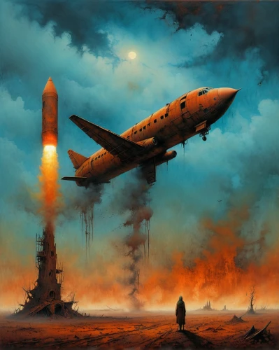 atomic age,soyuz,sci fiction illustration,nuclear weapons,rocket-powered aircraft,airships,launch,atomic bomb,missile,lift-off,airship,apocalypse,spacecraft,rust-orange,nuclear war,zeppelins,mission to mars,missiles,nuclear bomb,nuclear explosion,Conceptual Art,Daily,Daily 32