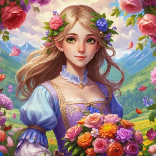 jessamine,girl in flowers,rapunzel,spring crown,flower background,beautiful girl with flowers,holding flowers,blooming wreath,flora,rosa ' amber cover,girl picking flowers,springtime background,rosa 'the fairy,fantasy portrait,flower fairy,flower girl,wreath of flowers,spring background,rose flower illustration,floral background,Conceptual Art,Fantasy,Fantasy 31