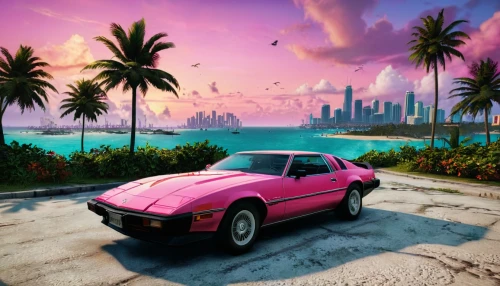 pink car,miami,south beach,classic car and palm trees,lamborghini jalpa,80s,pink beach,toyota ae85,retro background,pontiac fiero,80's design,mitsubishi starion,aesthetic,retro car,pink dawn,retro styled,pink vector,retro vehicle,toyota celica,bright pink,Photography,General,Fantasy