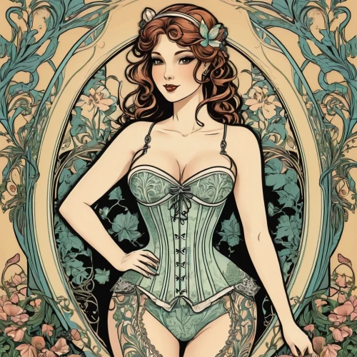 art nouveau,art nouveau design,mucha,poison ivy,watercolor pin up,corset,fairy queen,art nouveau frame,aphrodite,flora,absinthe,rosa 'the fairy,secret garden of venus,vintage illustration,victorian lady,rosa ' the fairy,faerie,celtic queen,vintage angel,valentine pin up,Illustration,Retro,Retro 13