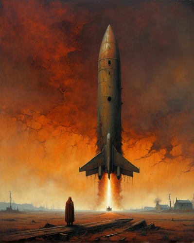atomic age,launch,sci fiction illustration,hindenburg,rocketship,mission to mars,space art,red planet,rocket launch,missile,nuclear weapons,dune 45,erbore,rocket ship,cosmonautics day,spaceplane,rockets,spacecraft,lift-off,zeppelins,Conceptual Art,Oil color,Oil Color 12