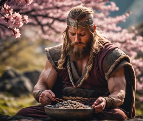 tea zen,oden,dwarf cookin,eastern food,biblical narrative characters,xiaolongbao,japanese sakura background,zen,goki,almond meal,sadhu,traditional food,runes,male elf,man praying,odin,asian culture,prayer beads,indian monk,collecting nut fruit,Photography,General,Cinematic