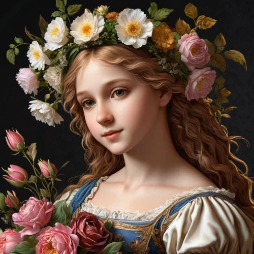 girl in flowers,beautiful girl with flowers,girl in a wreath,floral wreath,rose wreath,blooming wreath,girl picking flowers,wreath of flowers,jessamine,flower girl,flora,flower painting,flower wreath,flower crown of christ,portrait of a girl,holding flowers,bouguereau,laurel wreath,flower crown,splendor of flowers,Conceptual Art,Fantasy,Fantasy 27