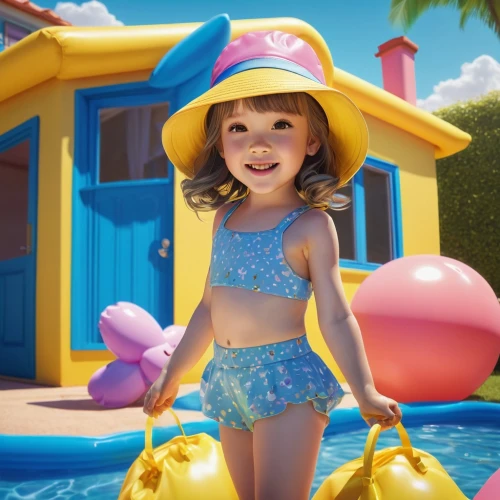 digital compositing,girl wearing hat,summer background,inflatable pool,cinema 4d,sun hat,candy island girl,child model,water park,tankini,pool water,summer hat,two piece swimwear,the beach pearl,dolphinarium,moana,girl in swimsuit,maya,lilo,white water inflatables,Illustration,Abstract Fantasy,Abstract Fantasy 04