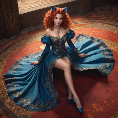 cinderella,merida,ball gown,blue enchantress,fairy tale character,fantasy art,fantasy portrait,celtic queen,evening dress,mazarine blue,victorian lady,venetia,fantasy picture,imperial coat,fantasia,queen of hearts,blue rose,gown,redhead doll,dress to the floor,Photography,General,Fantasy