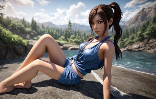 croft,girl sitting,lara,3d rendered,gentiana,hot spring,elphi,anime 3d,skyrim,girl on the river,maya,female model,tiber riven,3d render,natural cosmetic,landscape background,oriental girl,3d fantasy,mulan,mountain spring