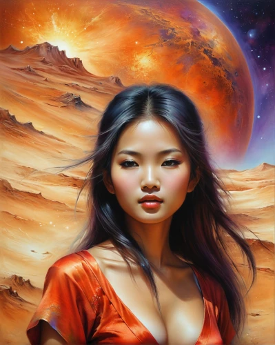 red planet,venus,girl on the dune,world digital painting,fantasy art,fantasy portrait,space art,fire planet,planet mars,sci fiction illustration,red sun,astronomer,andromeda,oil painting on canvas,saturn,zodiac sign libra,digital painting,asian woman,dune,lunar landscape,Conceptual Art,Daily,Daily 32