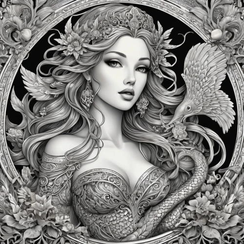 filigree,fantasy art,fantasy portrait,aphrodite,the snow queen,fairy queen,fairy tale character,white rose snow queen,faery,the enchantress,oriental princess,mermaid background,queen of the night,faerie,fantasy woman,the zodiac sign pisces,mermaid,pencil drawings,art nouveau,gold foil mermaid,Illustration,Black and White,Black and White 03