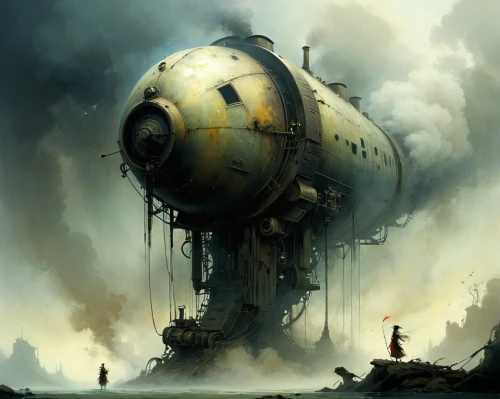 airships,airship,diving bell,ship wreck,sci fiction illustration,tank cars,submersible,post-apocalyptic landscape,tank ship,oil tank,post apocalyptic,industrial landscape,atomic age,post-apocalypse,steampunk,semi-submersible,diving helmet,air ship,world digital painting,wasteland,Illustration,Realistic Fantasy,Realistic Fantasy 16