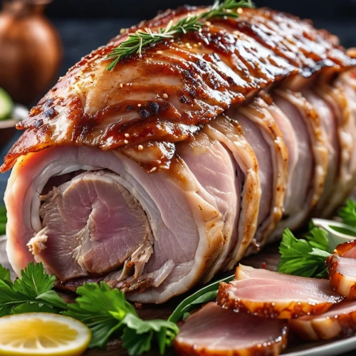 roast pork,porchetta,galantine,pork tenderloin,pork loin,pork,gammon,pork barbecue,saltimbocca,roast duck,pork steak,roasted duck,lamb meat,black forest ham,lardon,twice cooked pork,andouillette,ham hock,turkey ham,pork in a pot,Photography,General,Realistic