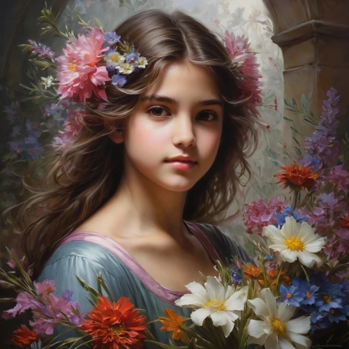 girl in flowers,beautiful girl with flowers,girl in a wreath,mystical portrait of a girl,wreath of flowers,romantic portrait,splendor of flowers,floral wreath,flower girl,girl picking flowers,flower painting,portrait of a girl,blooming wreath,fantasy portrait,flower fairy,girl portrait,young woman,flower wreath,emile vernon,art painting,Conceptual Art,Fantasy,Fantasy 13