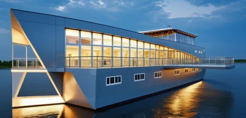 houseboat,autostadt wolfsburg,danube cruise,house by the water,cube stilt houses,boat house,glass facade,modern architecture,boathouse,cubic house,danube bank,shipping containers,yacht exterior,shipping container,cube house,house with lake,modern building,house of the sea,passenger ship,leisure facility,Photography,General,Realistic