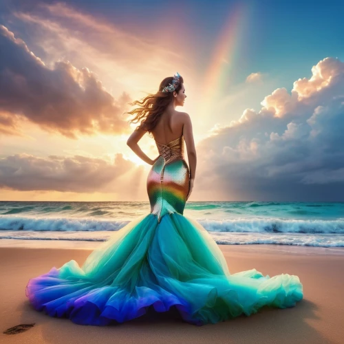 mermaid background,mermaid tail,mermaid silhouette,girl on the dune,splendid colors,believe in mermaids,rainbow background,the sea maid,fantasy picture,sea breeze,let's be mermaids,mermaid scale,beach background,mermaid,rainbow waves,colorful light,colorful background,bodypainting,beautiful beach,fantasy art,Photography,General,Realistic