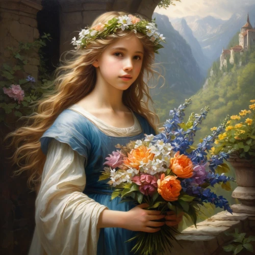 girl in flowers,girl picking flowers,beautiful girl with flowers,holding flowers,wreath of flowers,girl in a wreath,splendor of flowers,flower girl,girl in the garden,jessamine,blooming wreath,with a bouquet of flowers,mystical portrait of a girl,floral wreath,flower wreath,emile vernon,flower painting,flower fairy,flora,romantic portrait,Conceptual Art,Fantasy,Fantasy 28
