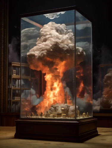 diorama,atomic bomb,vitrine,mushroom cloud,nuclear explosion,the conflagration,display window,a museum exhibit,detonation,door to hell,display case,hydrogen bomb,christopher columbus's ashes,nuclear weapons,explosions,store window,nuclear bomb,fire screen,the eruption,explode