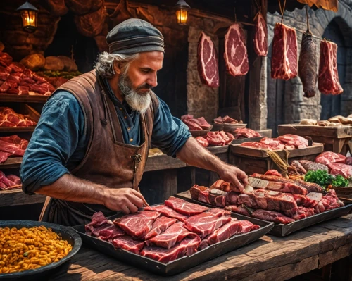 medieval market,butcher shop,meat counter,market stall,meat carving,vendor,meat products,castle iron market,dwarf cookin,stalls,western food,cured meat,east-european shepherd,cuisine of madrid,blacksmith,puy du fou,market trade,the market,merchant,shopkeeper,Photography,General,Fantasy