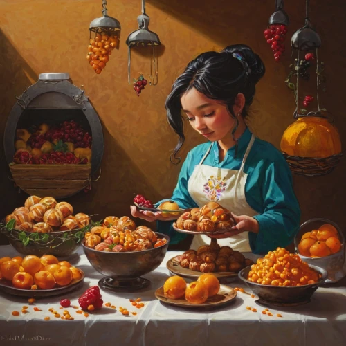 girl in the kitchen,persian norooz,girl with bread-and-butter,woman eating apple,girl picking apples,cornucopia,harvest festival,woman holding pie,vietnamese woman,sicilian cuisine,kumquats,iranian nowruz,chinese art,nepalese cuisine,autumn taste,dongfang meiren,chinese cuisine,autumn fruits,tangerines,girl with cereal bowl,Conceptual Art,Fantasy,Fantasy 16