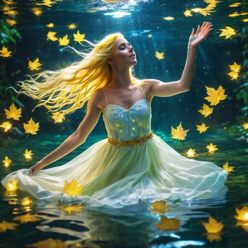 the blonde in the river,water nymph,celtic woman,fantasy picture,underwater background,faerie,throwing leaves,aurora yellow,rusalka,mermaid background,fantasia,faery,submerged,flower of water-lily,enchanted,falling on leaves,fairy queen,yellow garden,fairy world,magical,Photography,General,Realistic