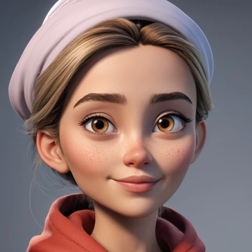 clementine,vector girl,audrey,3d model,cute cartoon character,beret,disney character,elsa,girl portrait,agnes,3d rendered,laika,russo-european laika,audrey hepburn,digital painting,cinnamon girl,pupils,sculpt,piper,girl wearing hat,Photography,General,Realistic