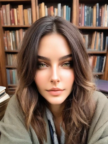librarian,angel face,bookworm,brunette,beautiful face,professor,reading,layered hair,romantic look,girl studying,sofia,natural,makeup,bookstore,realdoll,eurasian,library book,natural color,author,pretty young woman,Photography,Realistic