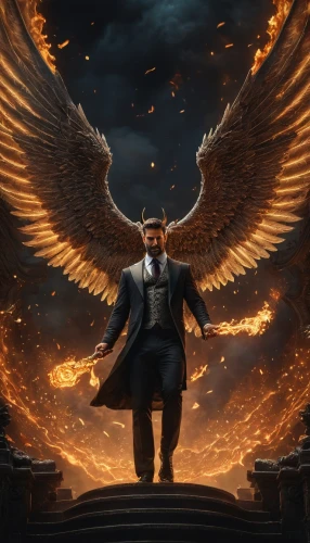 business angel,the archangel,lucifer,angelology,archangel,phoenix,fire background,cd cover,black businessman,a black man on a suit,black angel,fawkes,kingpin,fire angel,heaven and hell,album cover,wings,power icon,ceo,griffin,Photography,General,Fantasy