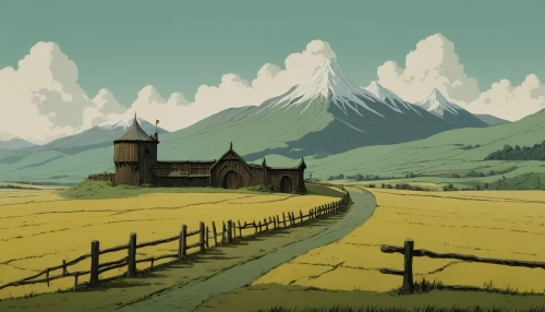 studio ghibli,lonely house,home landscape,rural landscape,witch's house,farmstead,the country,house silhouette,country side,high valley,yellow grass,prairie,highlands,alpine pastures,mountain valley,rolling hills,transylvania,countryside,heidi country,pastures,Illustration,Japanese style,Japanese Style 08