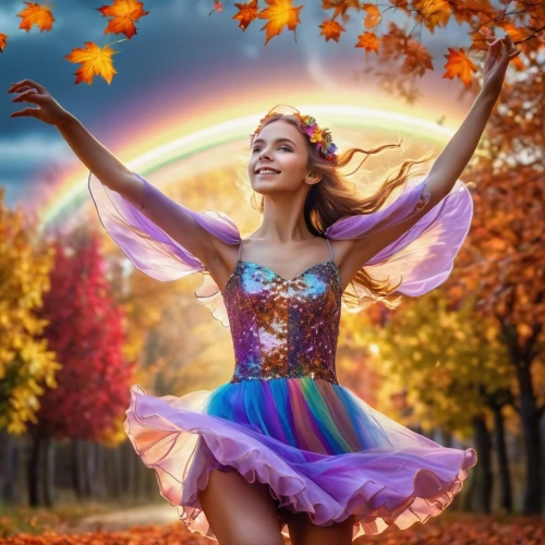 ballerina in the woods,rainbow background,autumn background,faerie,ballerina girl,ballerina,ballet tutu,ballet dancer,fantasy picture,fairies aloft,faery,the festival of colors,colorful background,autumn theme,harmony of color,cheerfulness,colors of autumn,fairy,fae,tutu,Photography,General,Realistic