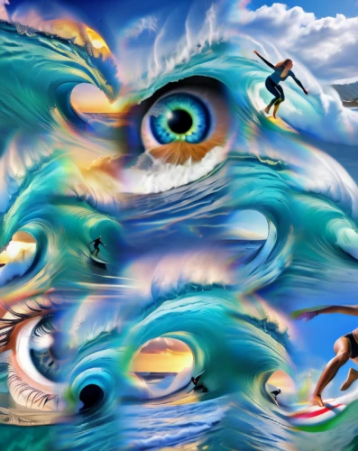 surfers,psychedelic art,kite boarder wallpaper,world digital painting,tidal wave,cosmic eye,the eyes of god,surf,aqueous,optical ilusion,surrealism,dolphin background,surfing,rainbow waves,surfboards,big wave,tsunami,oceanic dolphins,surrealistic,braking waves