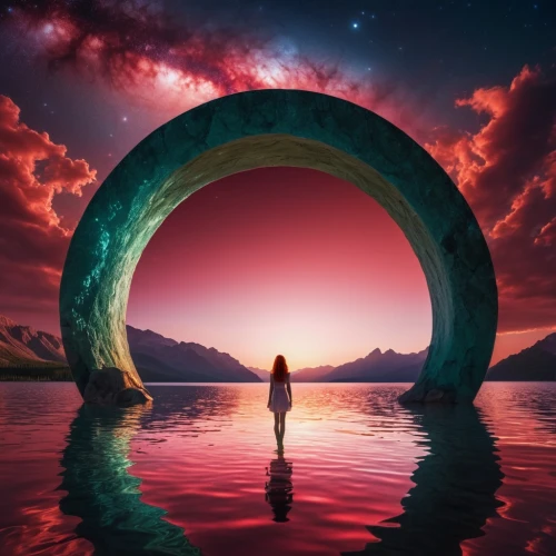 stargate,wormhole,portals,torus,heaven gate,semi circle arch,inner space,life is a circle,dreams catcher,flow of time,time spiral,circle,photomanipulation,3d fantasy,circular,fantasy picture,a circle,dream world,parabolic mirror,electric arc
