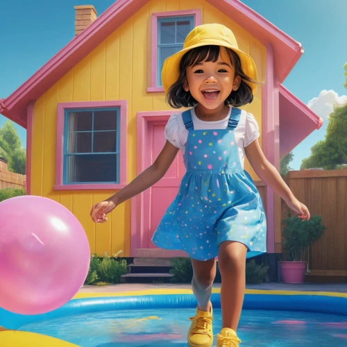 digital compositing,little girl with balloons,bouncing castle,little girl in pink dress,children's playhouse,children's background,little girl running,little girl twirling,water balloon,bounce house,3d rendering,water balloons,agnes,3d render,3d rendered,kids illustration,playschool,bouncy castle,princess sofia,preschooler,Illustration,Abstract Fantasy,Abstract Fantasy 04