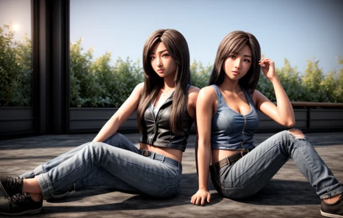 two girls,croft,3d rendered,jeans background,3d rendering,mirroring,trollius download,lotus position,denim background,oriental longhair,artificial hair integrations,render,anime 3d,girl sitting,beautiful girls with katana,digital compositing,image manipulation,mirror image,3d render,graphics