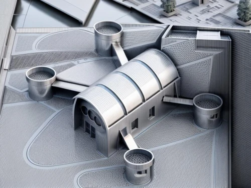 futuristic architecture,3d rendering,sewage treatment plant,concrete pipe,moveable bridge,current transformer,drainage pipes,construction set,industrial tubes,connecting rod,ducting,architect plan,ventilation pipe,industrial design,structural engineer,logistics drone,construction toys,coffee cups,blueprints,cooling towers,Architecture,Small Public Buildings,Modern,Creative Innovation