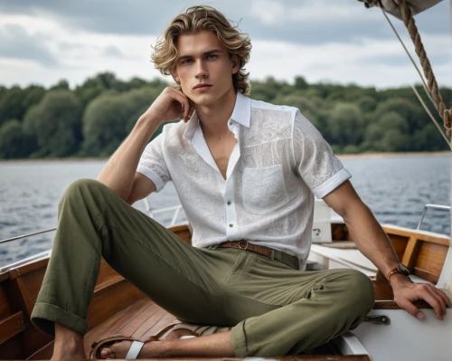male model,brown sailor,perched on a log,men's wear,nautical,swedish german,khaki pants,paddler,boat operator,alex andersee,floating on the river,nautical star,mariner,row boat,men clothes,young model,boat,wooden boat,seafaring,konstantin bow,Photography,General,Natural