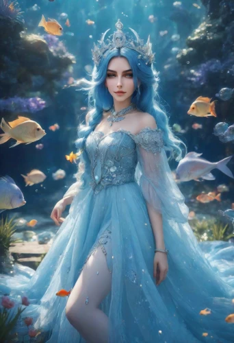 fantasy picture,fairy queen,the sea maid,mermaid background,fantasy portrait,water nymph,ice queen,bjork,underwater background,blue enchantress,fantasia,god of the sea,under the sea,fantasy art,the snow queen,rosa 'the fairy,mermaid,merfolk,under sea,fantasy woman,Photography,Realistic