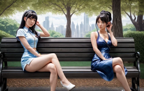 two girls,anime japanese clothing,park bench,perfume,anime 3d,outdoor bench,cosplay image,gravure idol,kantai collection sailor,sonoda love live,azusa nakano k-on,sitting on a chair,bench,in pairs,image editing,darjeeling tea,beautiful photo girls,photoshop manipulation,japanese idol,danyang eight scenic