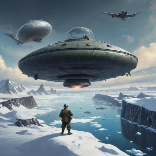 airships,sci fiction illustration,ufo intercept,ufos,ufo,science fiction,airship,ice planet,alien invasion,sci fi,extraterrestrial life,cg artwork,unidentified flying object,flying saucer,saucer,science-fiction,futuristic landscape,scifi,alien ship,game illustration,Conceptual Art,Fantasy,Fantasy 01